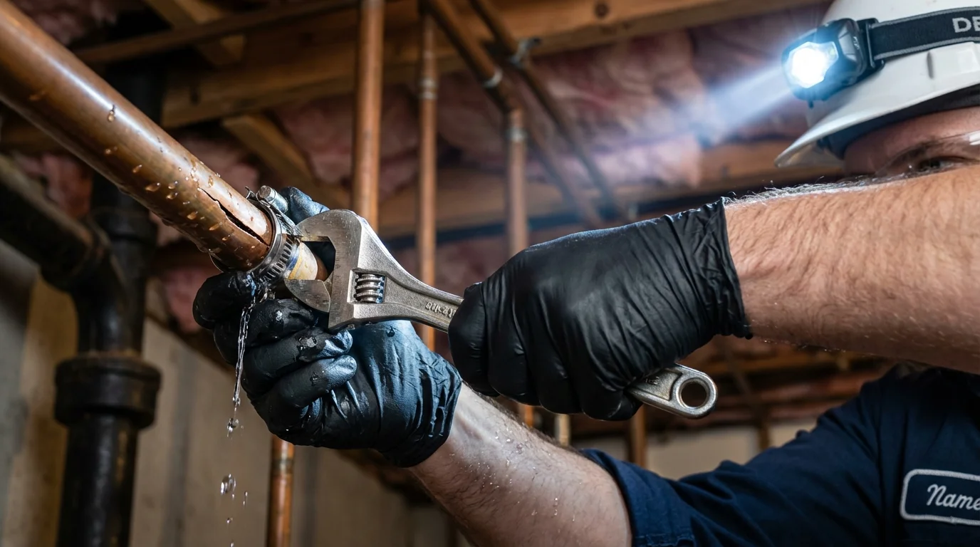 Emergency pipe clamp repair being performed by a Johns Plumbing LLC plumber in Dunnigan