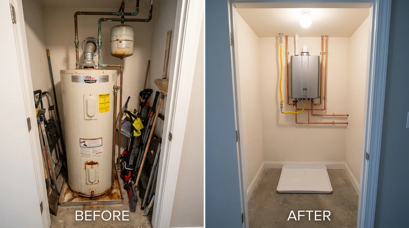 Tank water heater versus wall-mounted tankless unit comparison for Dunnigan, CA homeowners