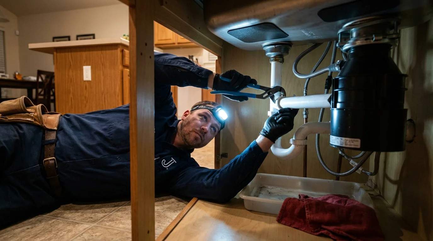 P-trap and supply line connections under a kitchen sink showing a common leak point in Dunnigan, CA